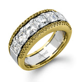 Featuring an eye-catching design, this white and rose gold band is highlighted by .28 ctw of round cut white diamonds and 2.83 ctw of Asscher cut diamonds.