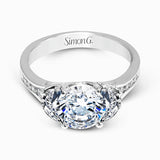 This classically designed white gold ring is emphasized by .18 ctw of white diamonds and .51 half moon shaped diamonds to create a memorable setting.