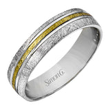 This men's band has a contemporary feel and a lived-in texture with one line of rose gold in the middle surrounded by white gold.