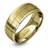 This memorable two-tone men's wedding band features double columns of matte white gold outlined with a sleek outline of yellow gold.