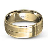 This memorable two-tone men's wedding band features double columns of matte white gold outlined with a sleek outline of yellow gold.