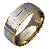This memorable two-tone men's wedding band features double columns of matte white gold outlined with a sleek outline of yellow gold.
