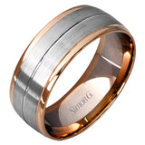 This memorable two-tone men's wedding band features double columns of matte white gold outlined with a sleek outline of yellow gold.