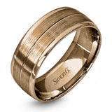 This memorable two-tone men's wedding band features double columns of matte white gold outlined with a sleek outline of yellow gold.