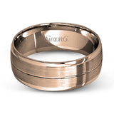 This memorable two-tone men's wedding band features double columns of matte white gold outlined with a sleek outline of yellow gold.