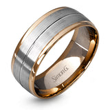 This memorable two-tone men's wedding band features double columns of matte white gold outlined with a sleek outline of yellow gold.