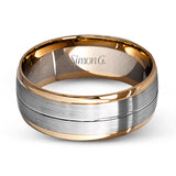 This memorable two-tone men's wedding band features double columns of matte white gold outlined with a sleek outline of yellow gold.