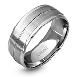 This memorable two-tone men's wedding band features double columns of matte white gold outlined with a sleek outline of yellow gold.