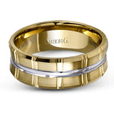Two wide rows of sleek yellow gold are married with an elegant center cable of striking white gold in this arresting men's wedding band.