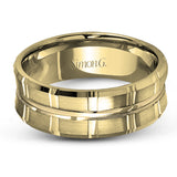 Two wide rows of sleek yellow gold are married with an elegant center cable of striking white gold in this arresting men's wedding band.