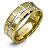 Two wide rows of sleek yellow gold are married with an elegant center cable of striking white gold in this arresting men's wedding band.