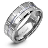 Two wide rows of sleek yellow gold are married with an elegant center cable of striking white gold in this arresting men's wedding band.