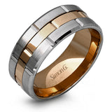 This brilliant two-tone men's wedding band features a center column of sleek yellow gold surrounded by two white gold silhouettes.