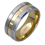 This brilliant two-tone men's wedding band features a center column of sleek yellow gold surrounded by two white gold silhouettes.