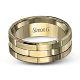 This brilliant two-tone men's wedding band features a center column of sleek yellow gold surrounded by two white gold silhouettes.