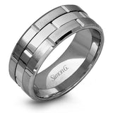 This brilliant two-tone men's wedding band features a center column of sleek yellow gold surrounded by two white gold silhouettes.