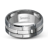 This brilliant two-tone men's wedding band features a center column of sleek yellow gold surrounded by two white gold silhouettes.