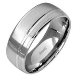 This statement men's wedding band features an accent of 14k rose gold within a 14k white gold background.