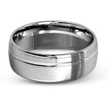This statement men's wedding band features an accent of 14k rose gold within a 14k white gold background.