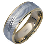 A contemporary ribbed design in lustrous white gold is outlined with two exquisite yellow gold bands in this striking men's wedding band.