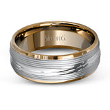 A contemporary ribbed design in lustrous white gold is outlined with two exquisite yellow gold bands in this striking men's wedding band.