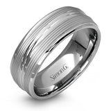 A contemporary ribbed design in lustrous white gold is outlined with two exquisite yellow gold bands in this striking men's wedding band.