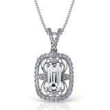 A delicate lacy design surrounds a dazzling 1.22 ctw sapphire and .26 ctw round cut white diamonds in this vintage-inspired white gold pendant.