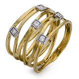 This eye-catching yellow gold ring features a lovely layered design and .09 ctw of glistening round cut white diamonds set in square-shaped white gold settings.