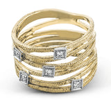 This eye-catching yellow gold ring features a lovely layered design and .09 ctw of glistening round cut white diamonds set in square-shaped white gold settings.