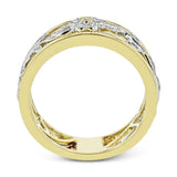 Reflecting a charming vintage floral design, this white and yellow gold band is accentuated by .09 ctw round cut white diamonds and .01 ctw round cut yellow diamonds.