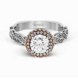 The distinctive twisted design on the band of this contemporary white and rose gold engagement ring is complemented by a gorgeous geometric setting featuring .25 ctw of round cut white diamonds.