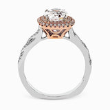 The distinctive twisted design on the band of this contemporary white and rose gold engagement ring is complemented by a gorgeous geometric setting featuring .25 ctw of round cut white diamonds.