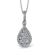 This glimmering teardrop shaped pendant is set with .47 ctw of round white diamonds and suspended from a diamond encrusted bail.