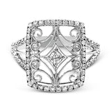 The intricate design of this vintage style white gold ring is enhanced by .64 ctw of glistening round cut white diamonds.