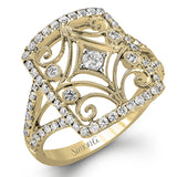 The intricate design of this vintage style white gold ring is enhanced by .64 ctw of glistening round cut white diamonds.