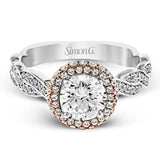 Featuring an elegant twisted contemporary design, this white and rose gold engagement ring complemented by .51 ctw of shimmering round cut white diamonds.