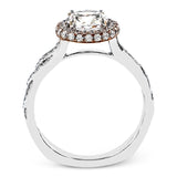 Featuring an elegant twisted contemporary design, this white and rose gold engagement ring complemented by .51 ctw of shimmering round cut white diamonds.