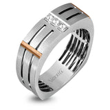 The impressive contemporary style of this men's white gold band is set with .19 ctw of sparkling white diamonds and rose gold accents.