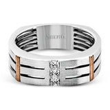 The impressive contemporary style of this men's white gold band is set with .19 ctw of sparkling white diamonds and rose gold accents.