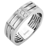 The impressive contemporary style of this men's white gold band is set with .19 ctw of sparkling white diamonds and rose gold accents.
