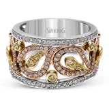 Featuring a gorgeous paisley-inspired design, this white, rose, and yellow gold classic band is set with .41 ctw round cut white diamonds and .23 ctw yellow diamonds.