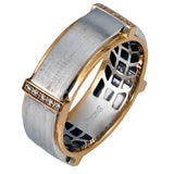 The eye-catching design of this contemporary 14K white and 18K rose gold band is set with .16 ctw round cut white diamond accents.