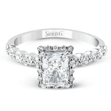 Featuring a delicate contemporary design, this brilliant white gold engagement ring is highlighted by .64 ctw of round cut white diamonds in an eye-catching geometric setting.
