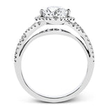 Set with .35 ctw of arresting round cut white diamonds, this lovely white gold engagement ring features a memorable intertwined design on the band.