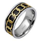 This distinctive wedding band's contrasting white and yellow gold, along with black rhodium highlight its beautiful interlocking chain detail.
