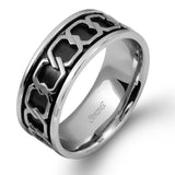 This distinctive wedding band's contrasting white and yellow gold, along with black rhodium highlight its beautiful interlocking chain detail.