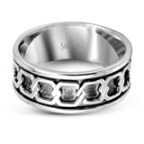 This distinctive wedding band's contrasting white and yellow gold, along with black rhodium highlight its beautiful interlocking chain detail.