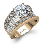 Dramatic and bold, this white gold contemporary engagement ring is accented by 1.87 ctw princess cut white diamonds and 1.67 ctw glistening baguette white diamonds.