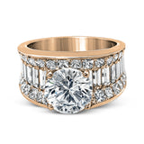 Dramatic and bold, this white gold contemporary engagement ring is accented by 1.87 ctw princess cut white diamonds and 1.67 ctw glistening baguette white diamonds.