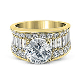 Dramatic and bold, this white gold contemporary engagement ring is accented by 1.87 ctw princess cut white diamonds and 1.67 ctw glistening baguette white diamonds.